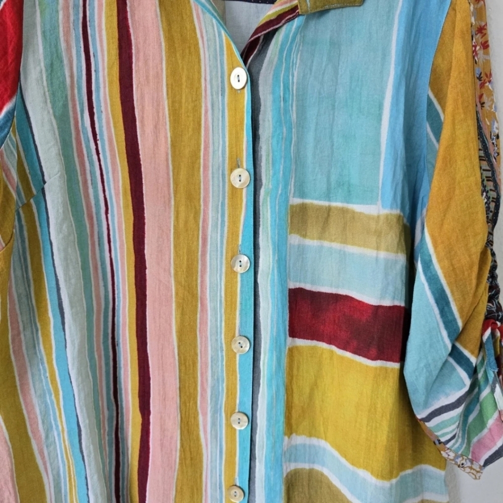 $120 John Mark Shirt Women XL Mixed Print Collared Cinched 3/4 Tie Sleeve Boho - Picture 6 of 14